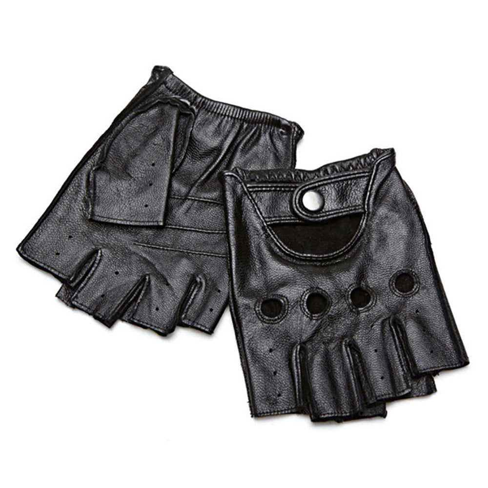 Mens Fingerless Leather Driving Gloves for Motorcycle Riding-Black