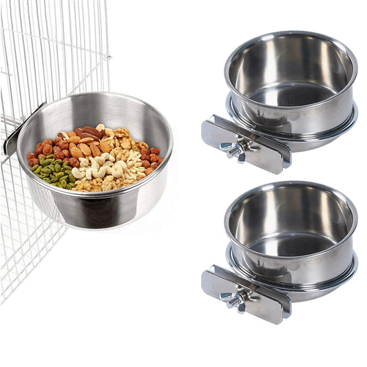 2Pcs Parrot Pet Stainless Steel Food Water Bowl Bird Feeder Crate Cage