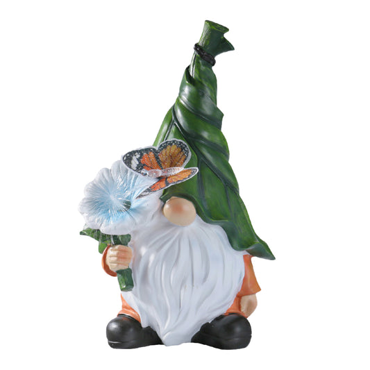 Garden Gnomes Statue Green Hat Resin Statue with Solar LED Lights