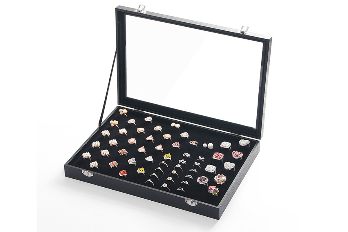100 Slots Jewelry Ring Display Organizer Box with Glass Lid Earring Storage Tray
