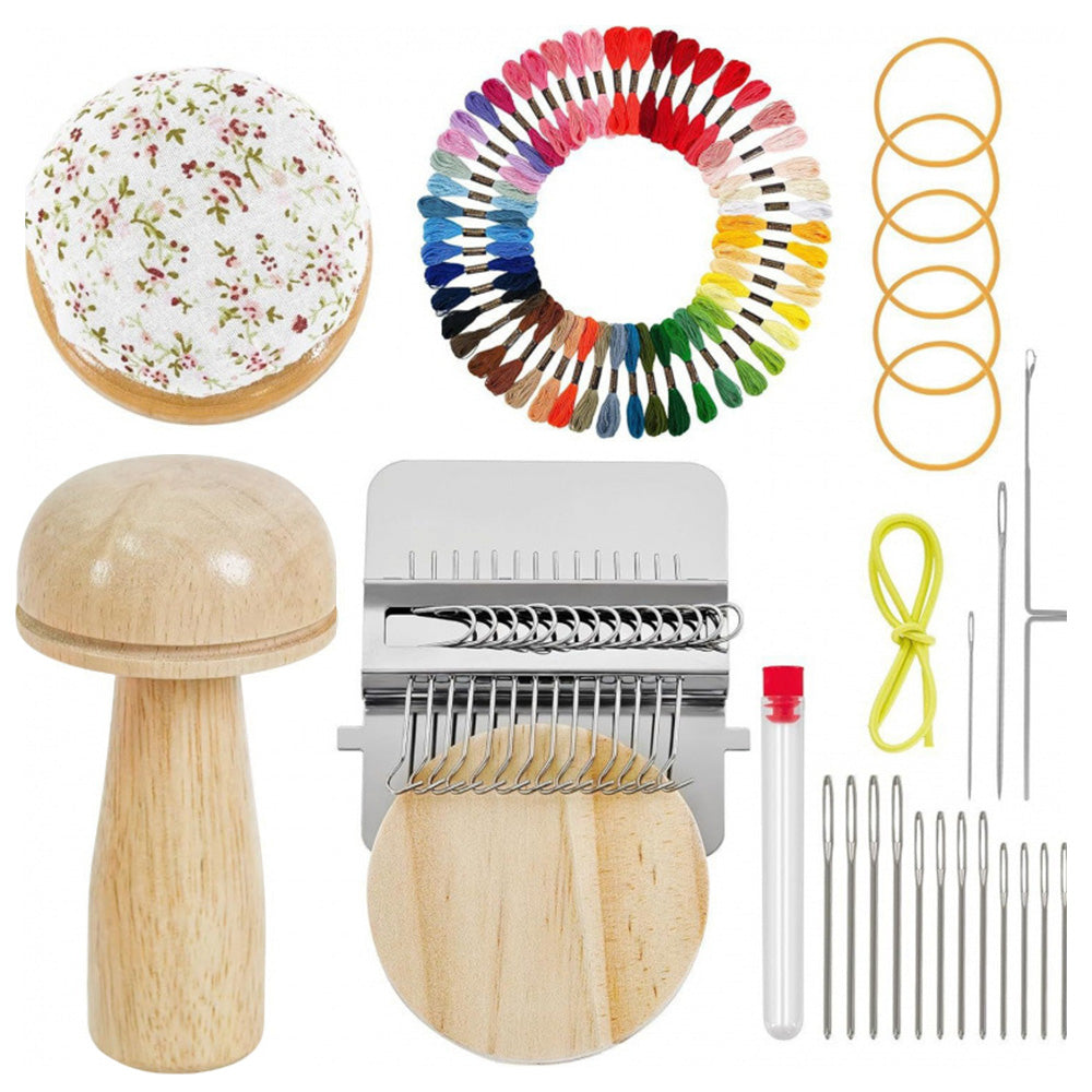 Mini Wood Composite Knitting Loom Darning Mushroom and 50 Color Thread Kit