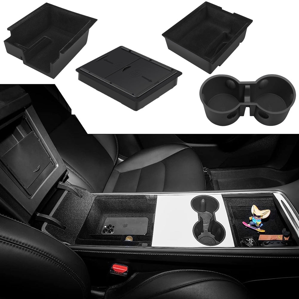 4Pcs Set Centre Console Organizer Tray Armrest Storage Box Cup Holder for Tesla Model 3/Y