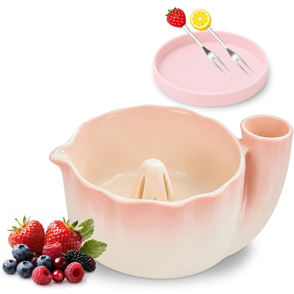 Self-Spinning Ceramic Berry Washing Bowl Set with Drain Holes and 2 Fruit Forks for Cleaning Berries