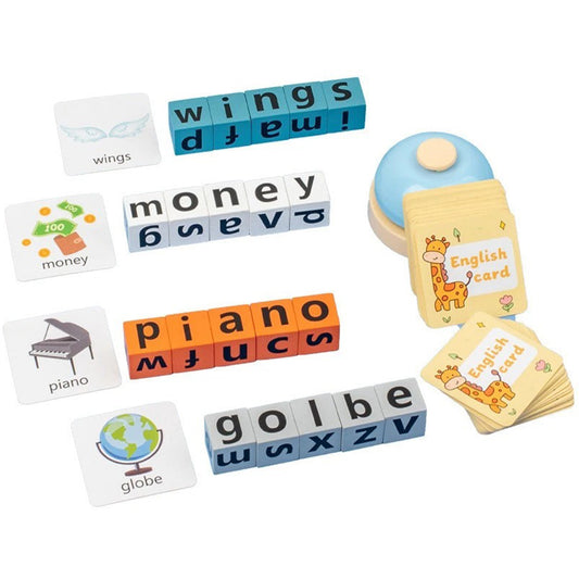Wooden English Spelling Game with Word Battle Cards and Bell