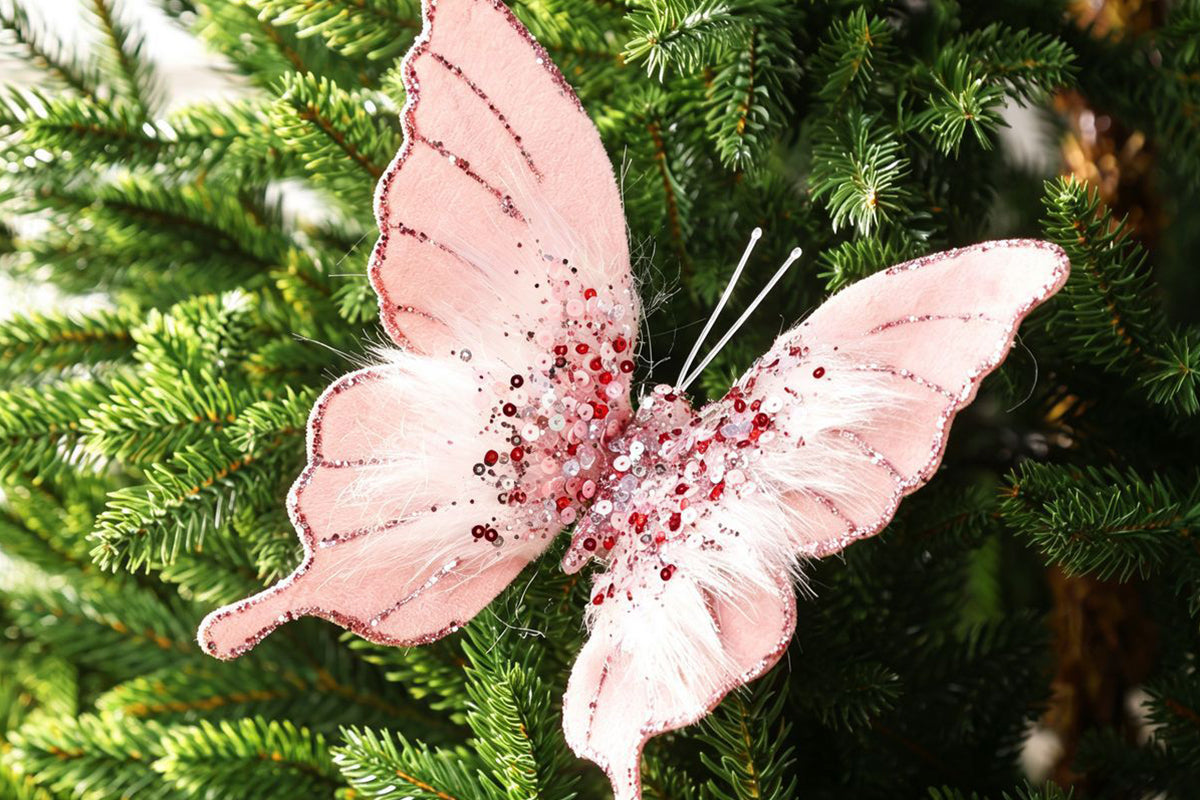8pcs 3D Fabric Butterfly Clip Ornaments Sequins Glitter Trim Butterfly Clips Decor for Christmas Tree