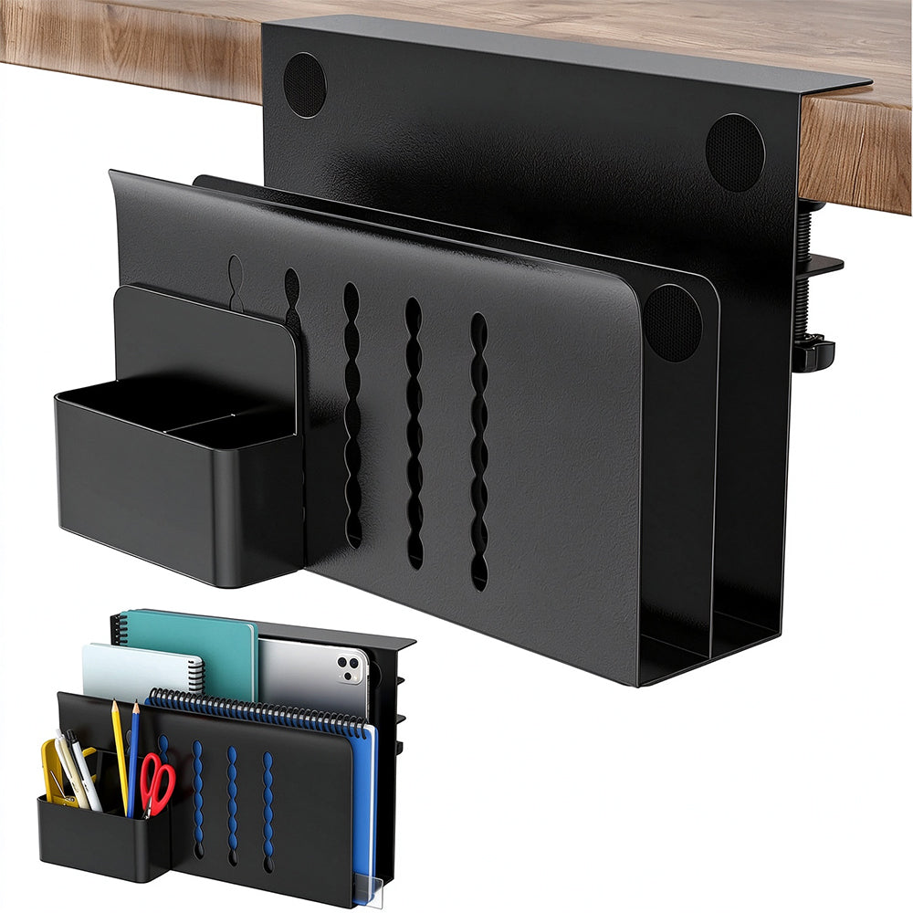 No Drill Dual Slot Carbon Steel Laptop Storage Stand with Pen Holder