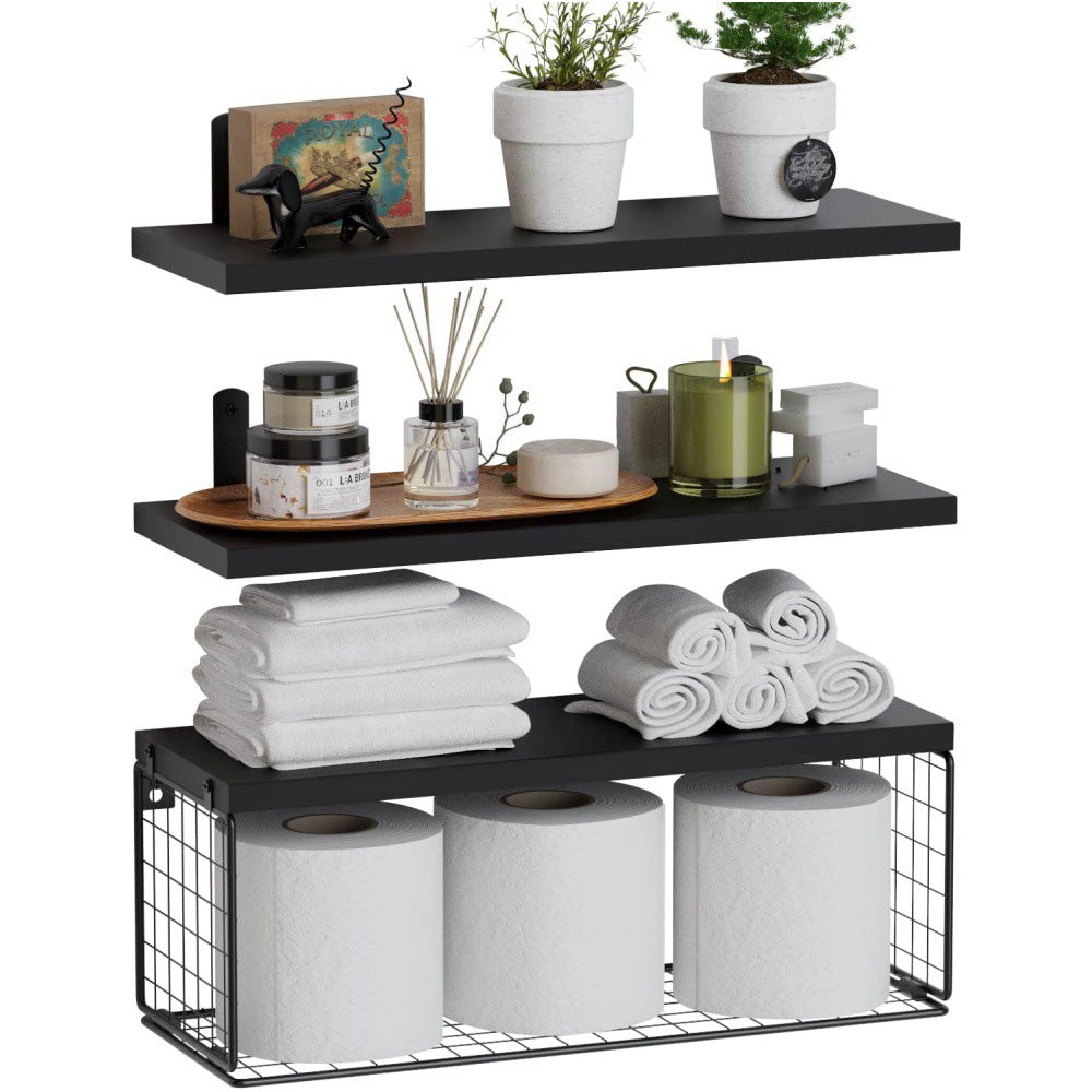 3 Piece Engineered Wood Wall Shelves with Metal Storage Basket
