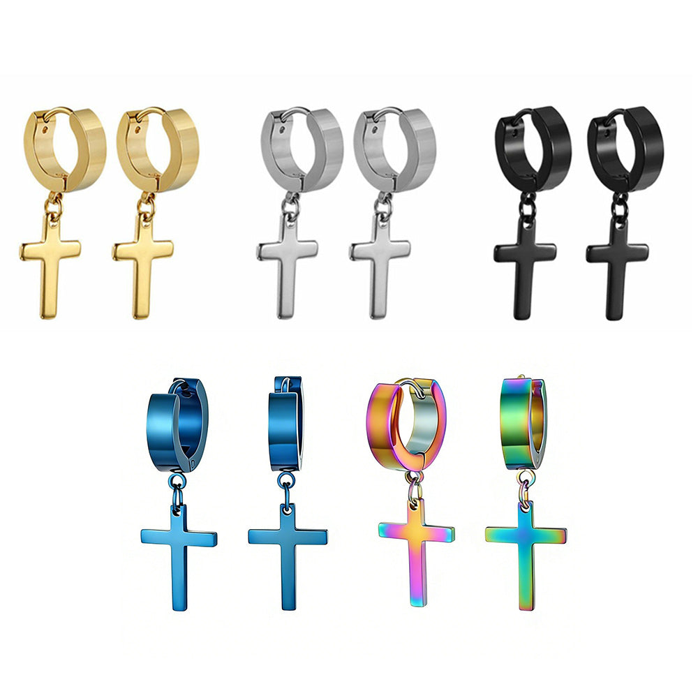 5 Pairs Unisex Cross Dangle Hoop Huggie Stainless Steel Earrings
