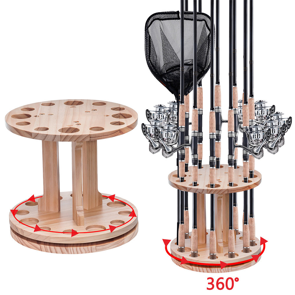 360 Degree Rotating Engineered Wood Floor Fishing Rod Rack Holds 12 Rods