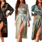 Casual Floral Print Satin Night Robe Long Sleeve V Neck Sleep Robe With Belt