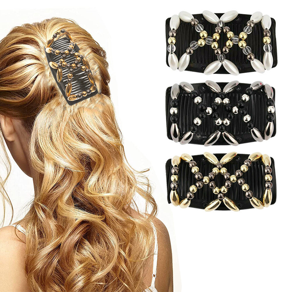 3 Pack Beaded Hair Comb Double Row Elastic Clip Hair Accessories