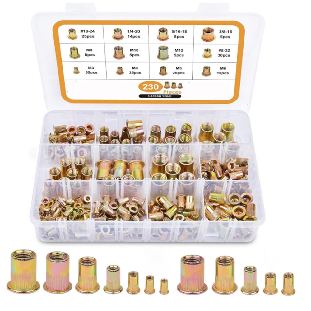 230pcs Rivet Nut Kit Rivnut Zinc Plated Flat Head Insert Nut Assort