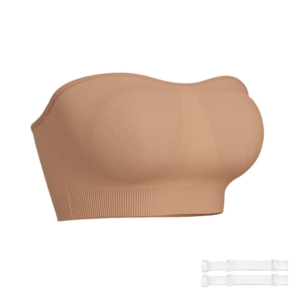 Women Strapless Wirefree Bandeau Bra with Removable Shoulder Straps-Beige