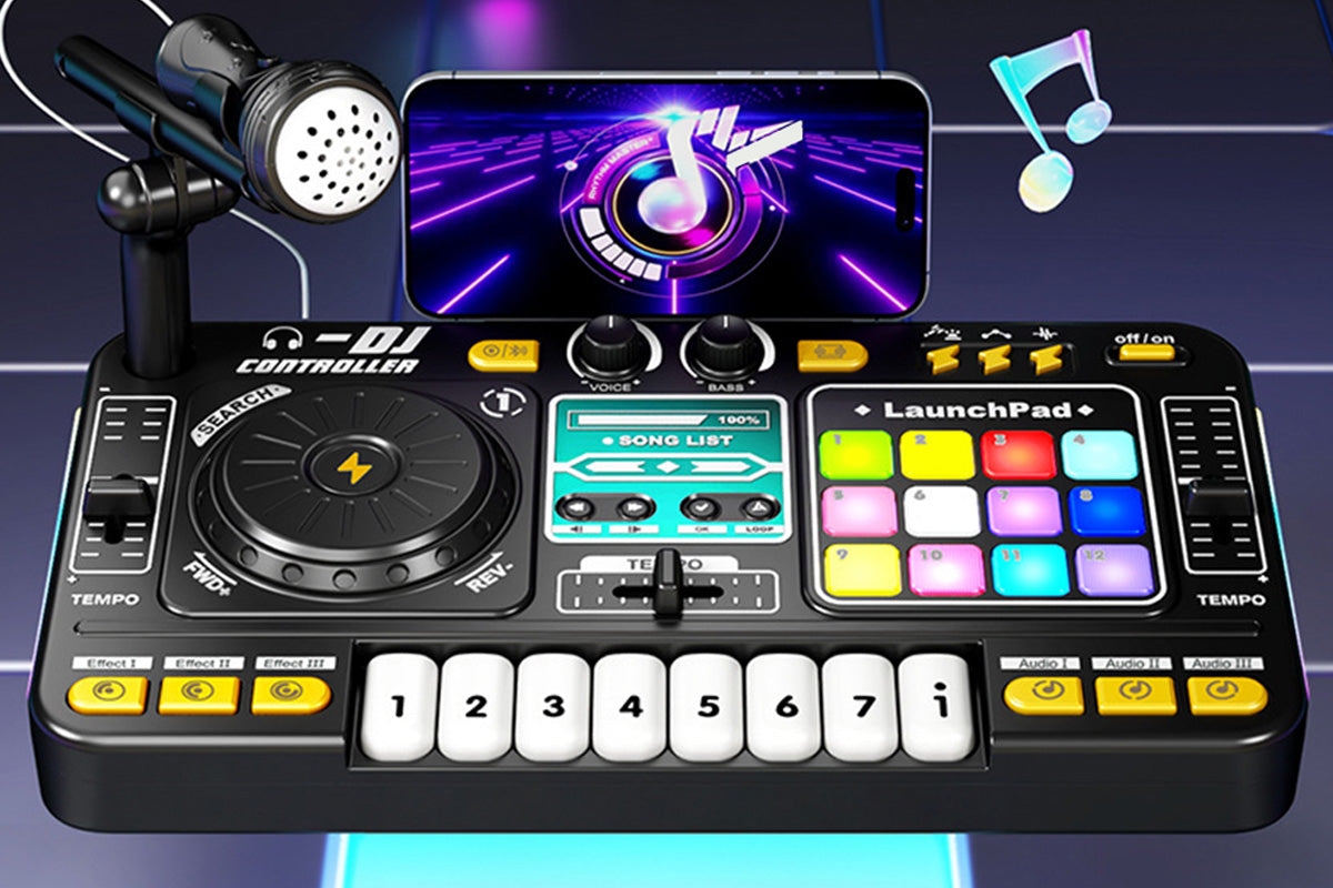 DJ Mixer Controller Musical Toy with Mic and LED Lights Piano Keys