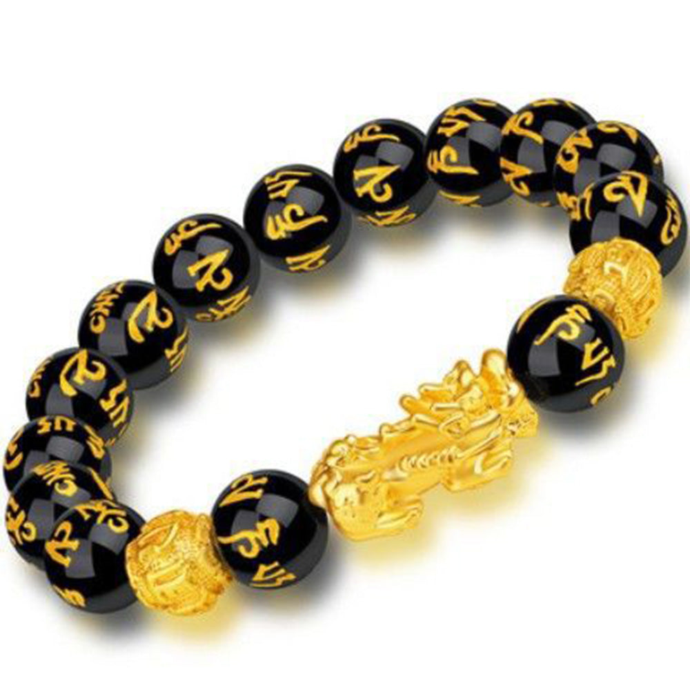 Feng Shui 12mm Black Mantra Beads Pi Xiu Bracelets for Women Men Attract Wealth and Good Luck