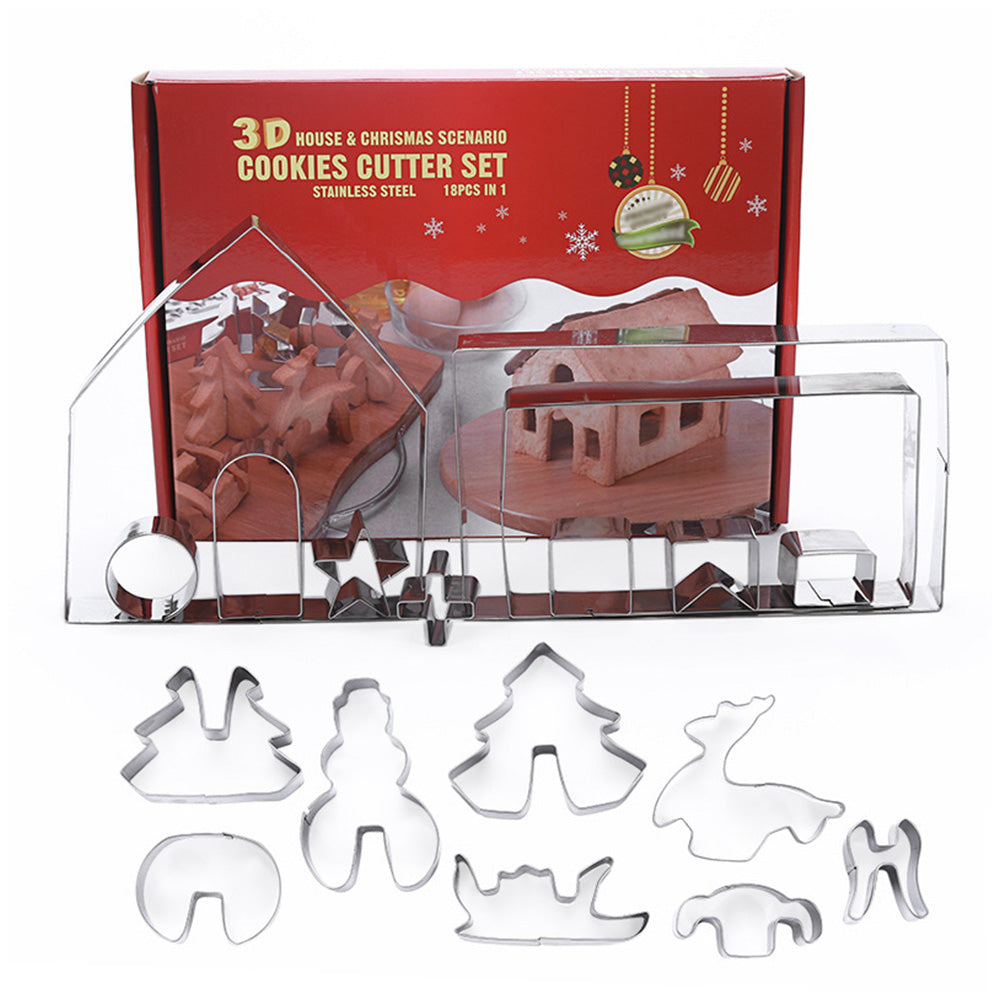 18PCS Stainless Steel 3D Christmas Cookie Cutter Set Gingerbread House Shapes