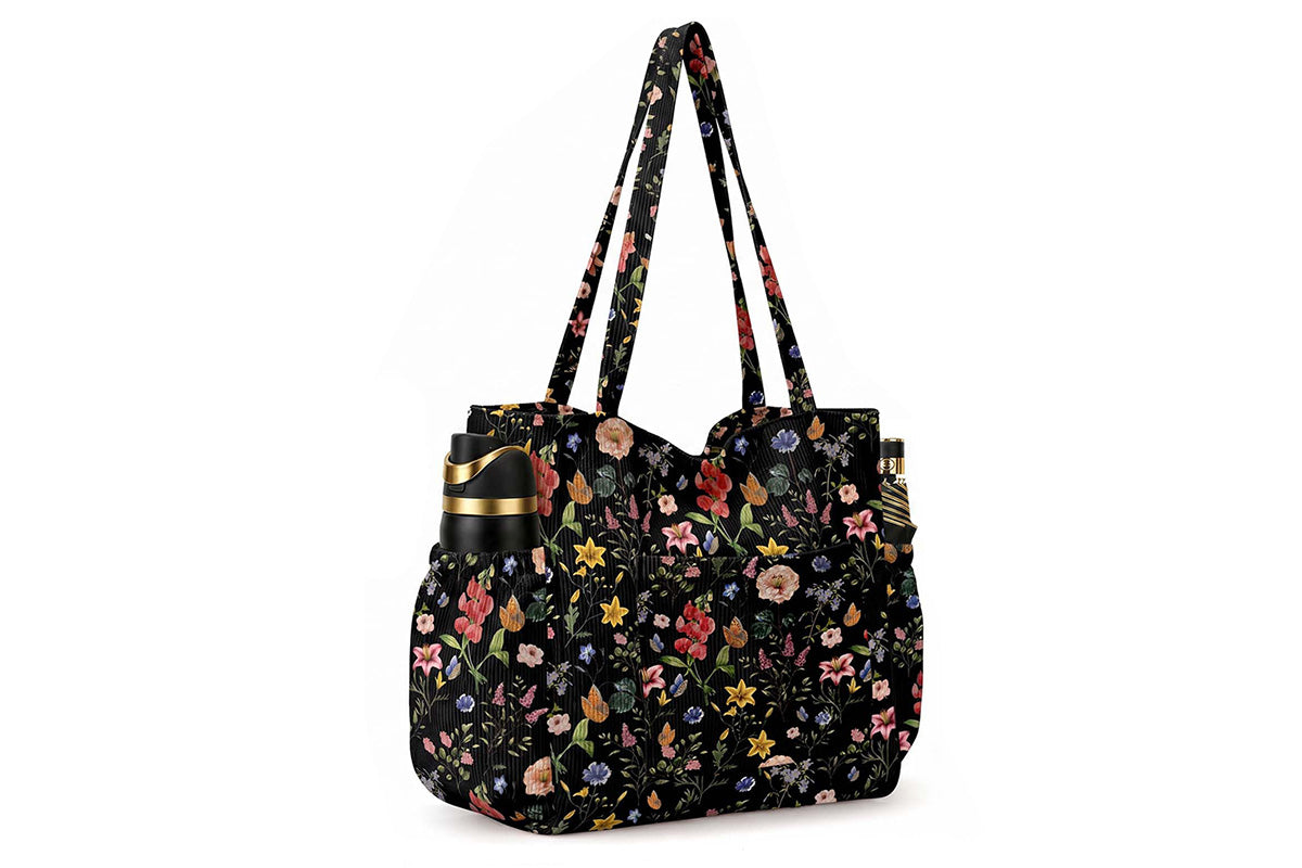 Corduroy Tote Bag with Side Water Bottle Pockets Large Shoulder Bag Casual Handbag