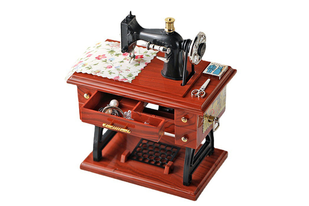 Retro Sewing Machine Music Box with Drawer Storage Desktop Decorative