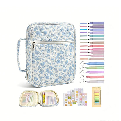 Quilted Book Cover Bag with Pen Loops Ribbon Bookmark Zipper