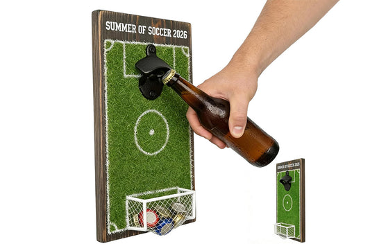Soccer Field Wall Mounted Bottle Opener with Goal Net Cap Catcher Football Themed Beer Cap Opener