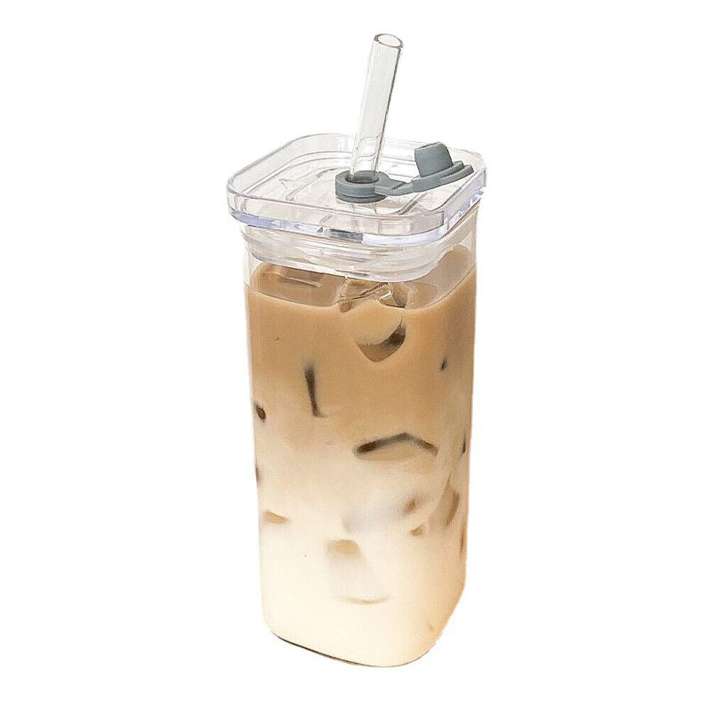 400ML Clear Glass Cup with Lid and Straw Square Glass Water Glass
