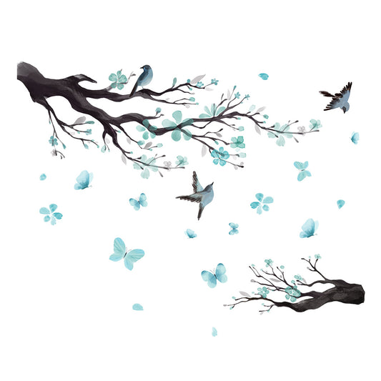 Watercolor Blue Flower Wall Decals Blossom Bird Tree Branch Wall Stickers