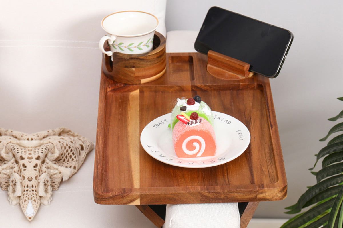 3-in-1 Wooden Sofa Arm Tray with Rotating Phone Holder and Cup Slot
