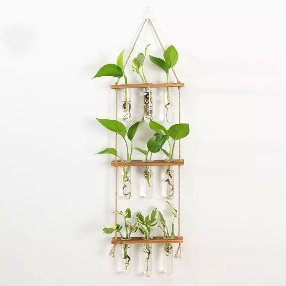 3 Tiered Wall Hanging Terrarium With Wooden Stand Hanging Tube Glass Vases