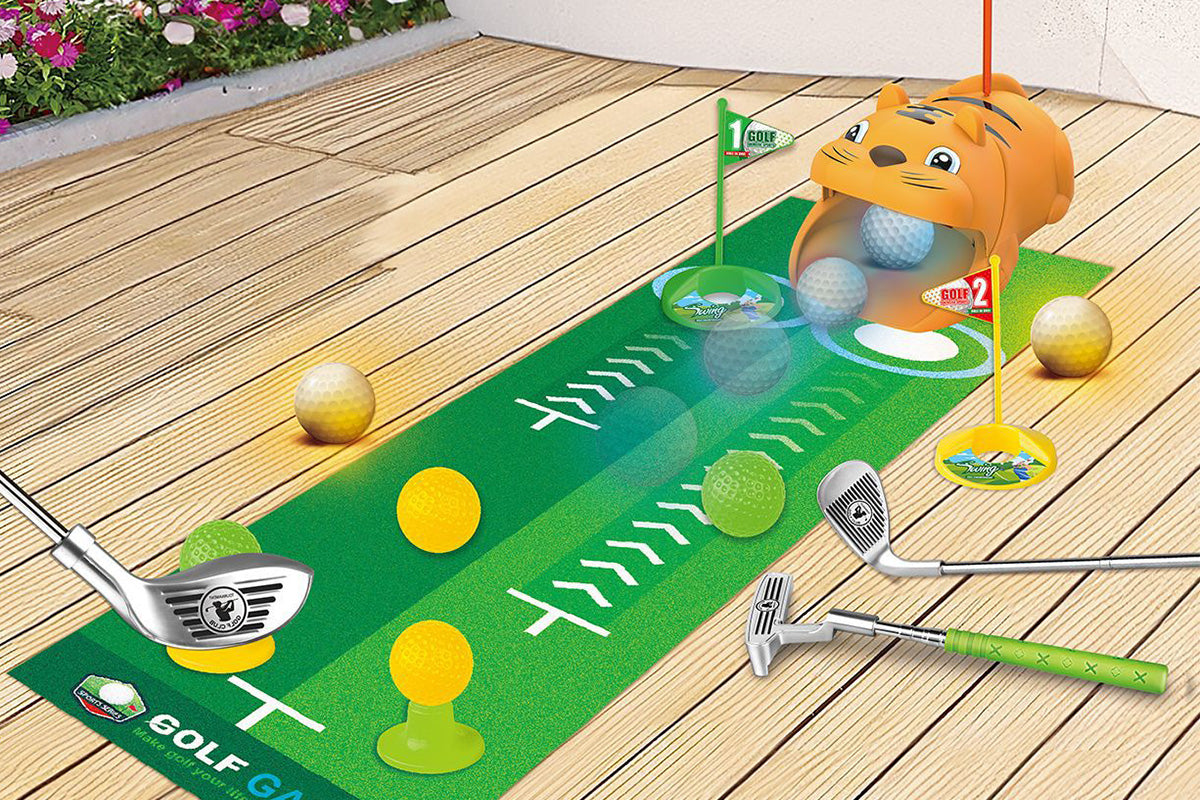 Toy Golf Set with Tiger Automatic Ball Returner Golf Clubs Putter Mat for Indoor Outdoor Play