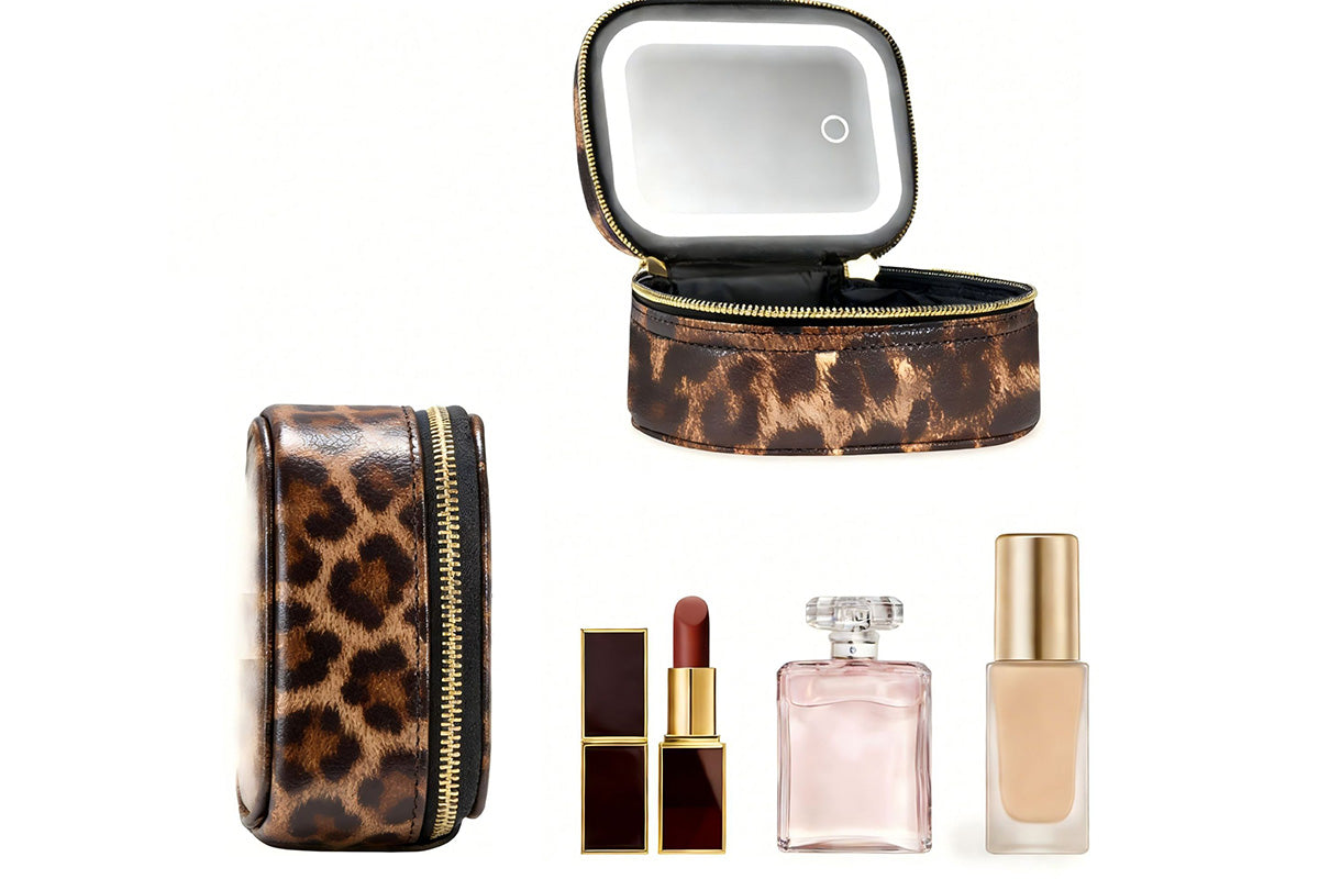 PU Leather Makeup Case Lighted Mirror LED Travel Cosmetic Organizer