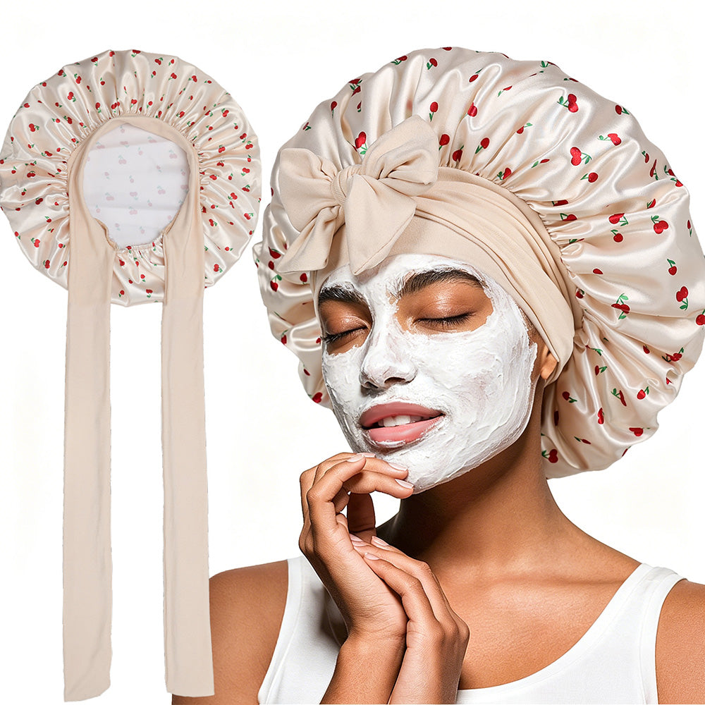 Satin Sleep Bonnet Hair Wrap for Women Adjustable Bow Print Silk Like Night Cap