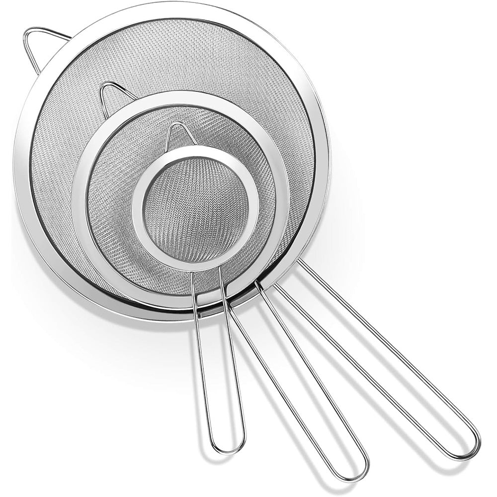3 Pcs 304 Stainless Steel Fine Mesh Strainer Set with Long Handles