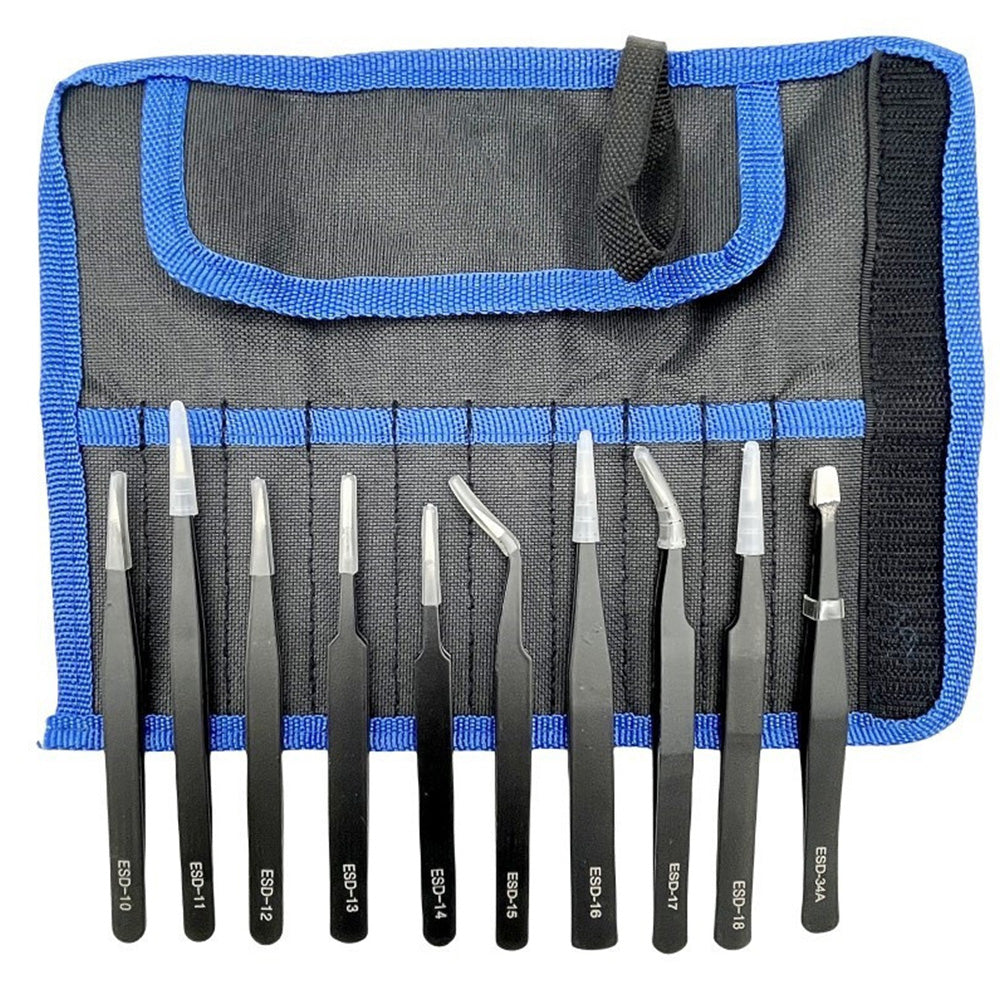 10 Piece Precision Tweezers Set with Bag Stainless Steel Anti Static Tweezers Repair Tool Kit for Electronics