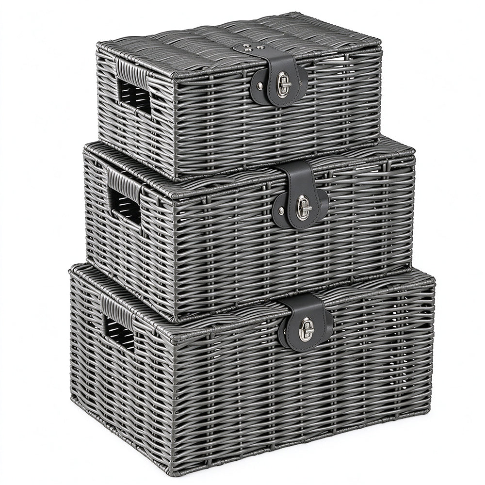 3 Piece Imitation Rattan Woven Storage Basket Set with Locking Lids-Grey