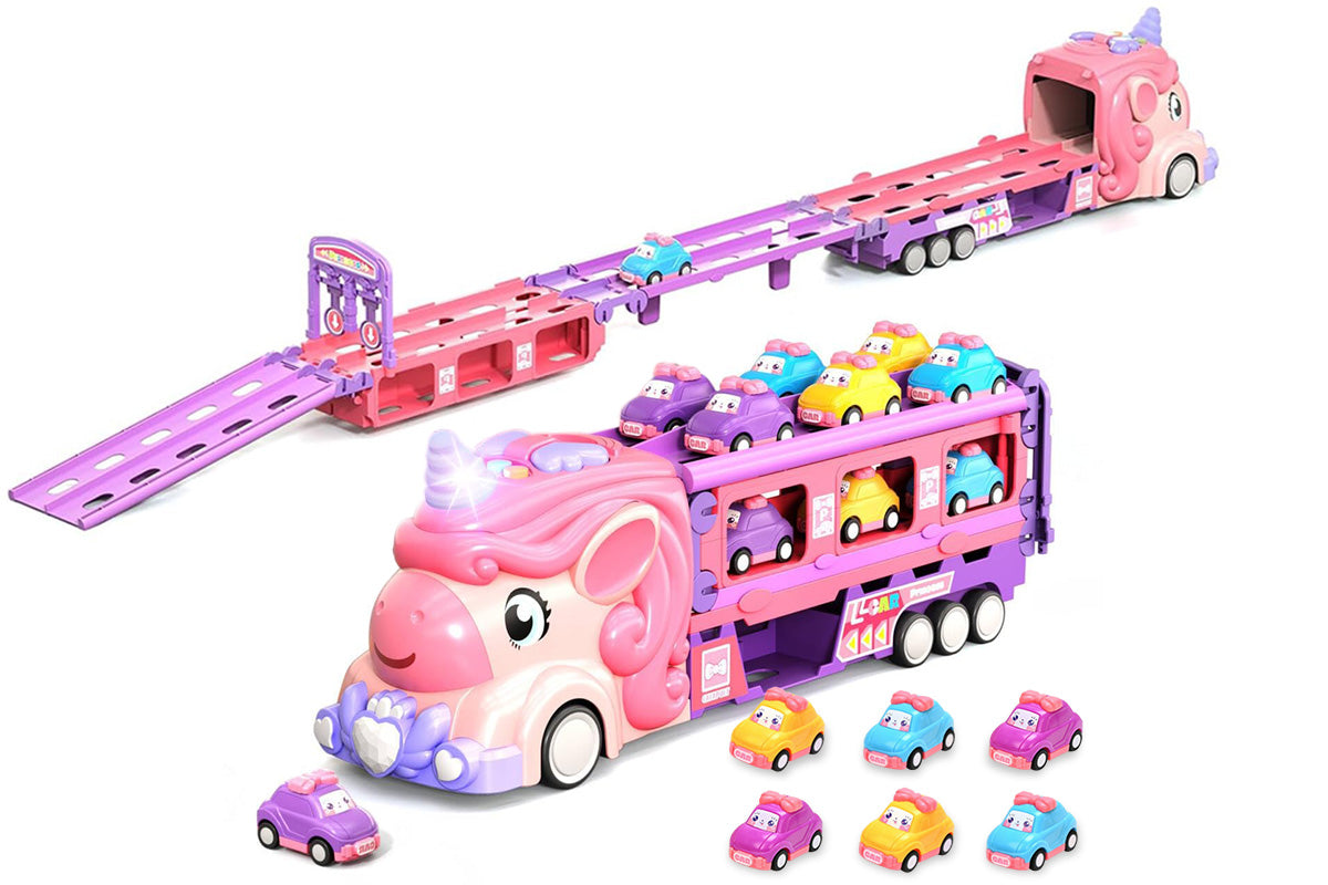 Unicorn Toy Truck Foldable Racetrack with Lights and Sound Birthday Gift for Girls