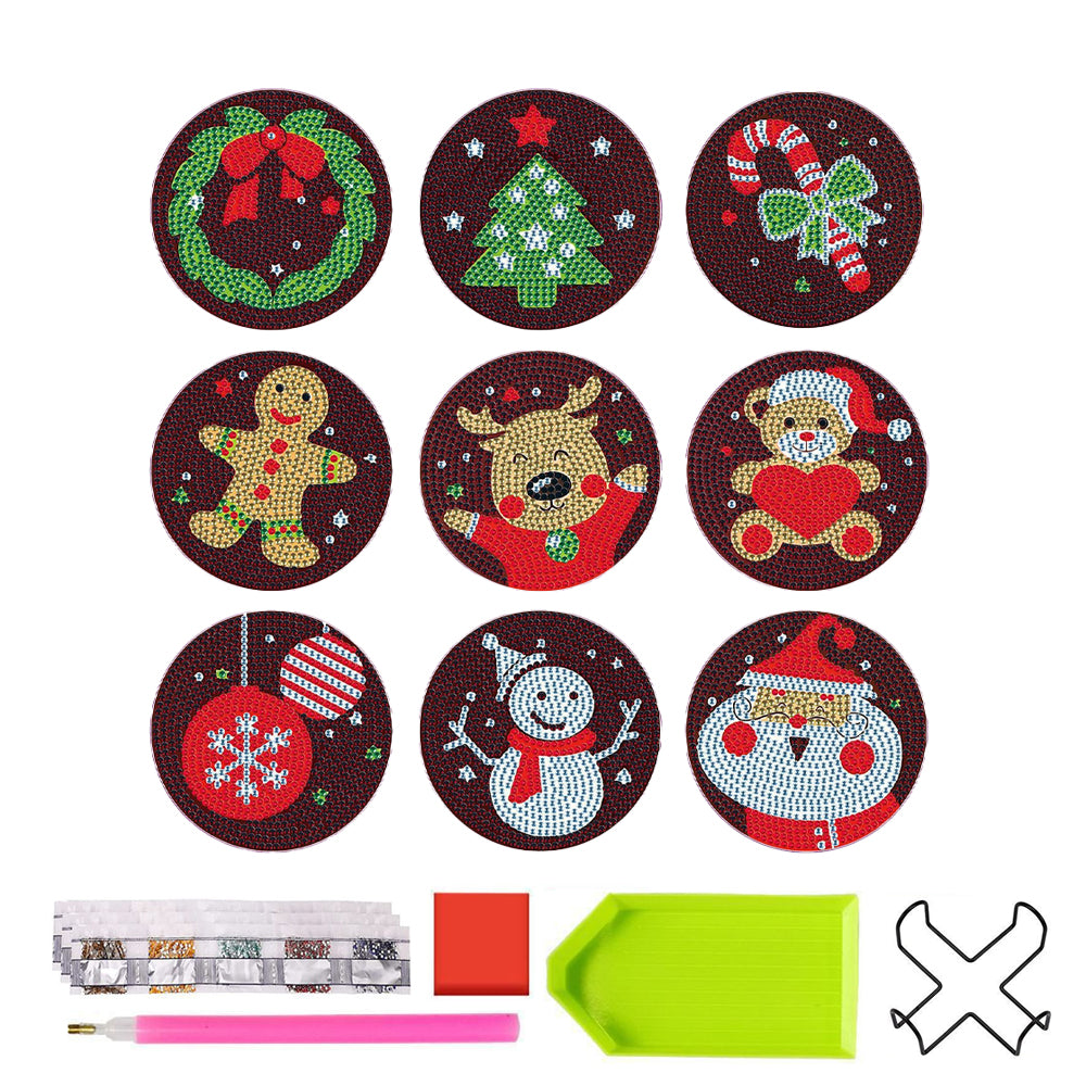 9Pcs DIY Acrylic Christmas Diamond Painting Coasters with Coaster Holder