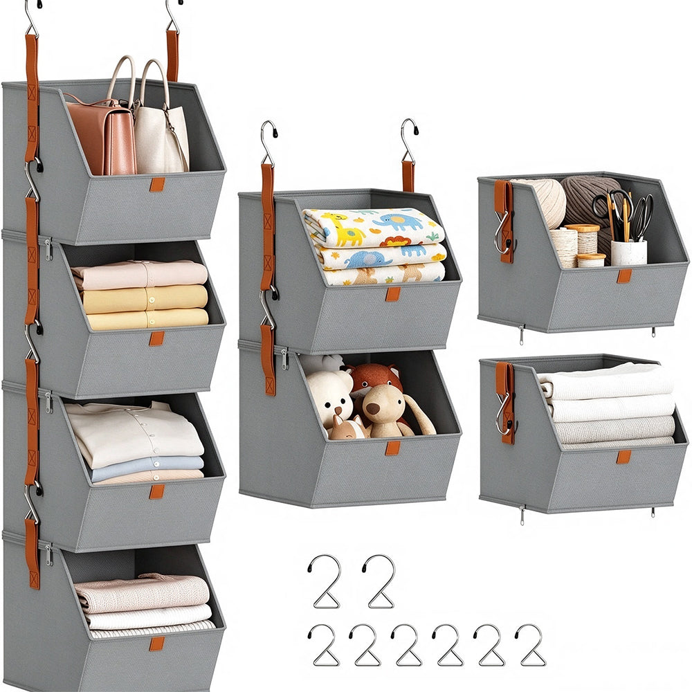 4 Tier Hanging Closet Organizer Shelf with Zip Connected Storage Layers