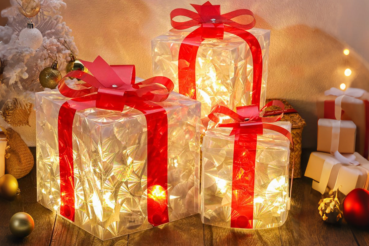 3D 3-Pack Christmas Gift Box with LED Lights Decorations