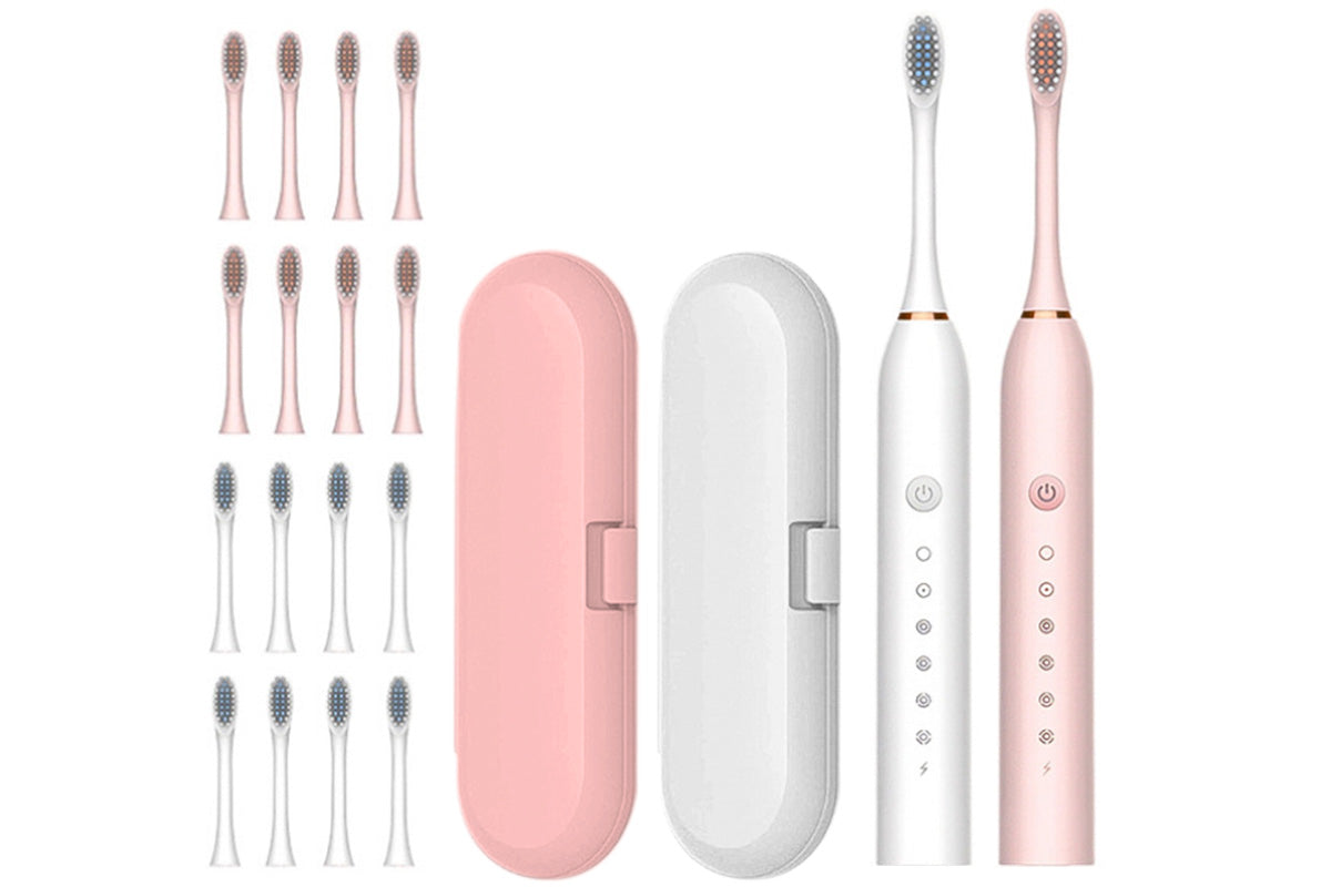 Couple's Electric Toothbrush Set with Travel Case -White and Pink
