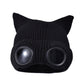 Double Layer Knit Winter Beanie with Goggles Cute Cat Ear Knit Beanie for Winter