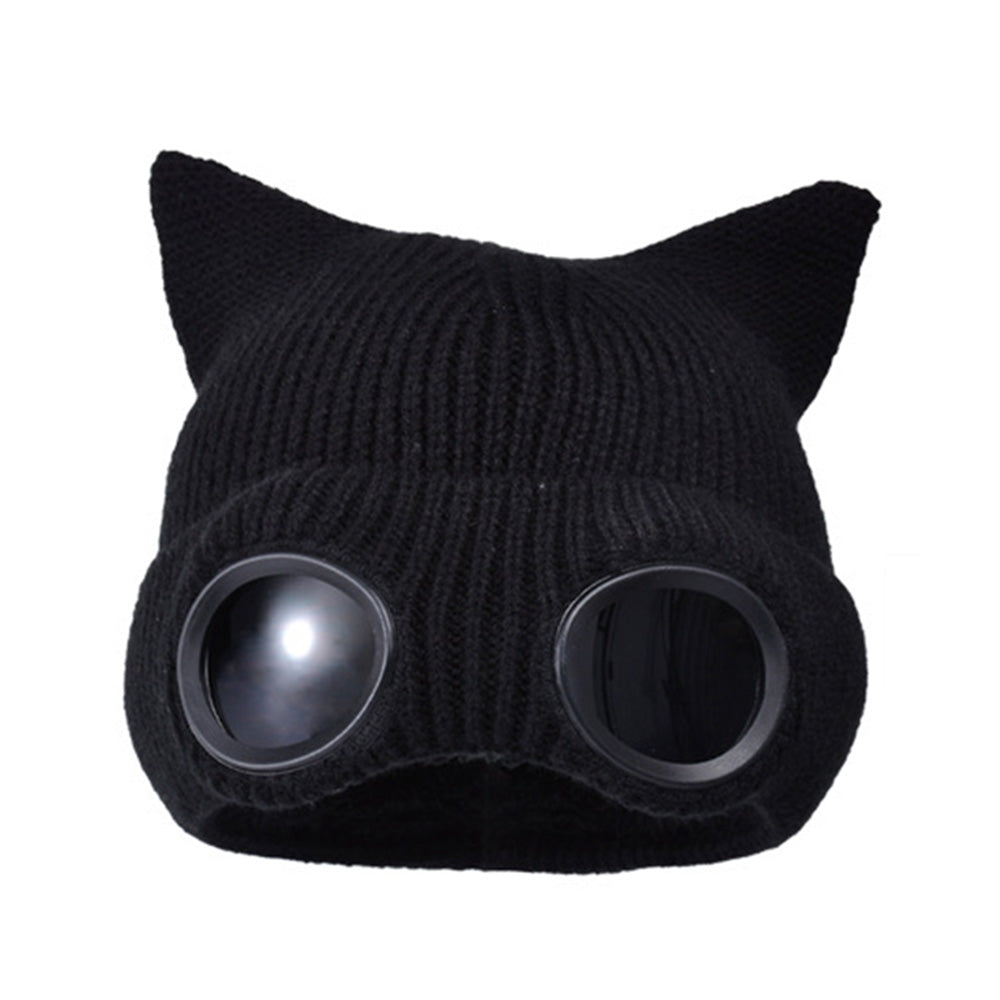 Double Layer Knit Winter Beanie with Goggles Cute Cat Ear Knit Beanie for Winter