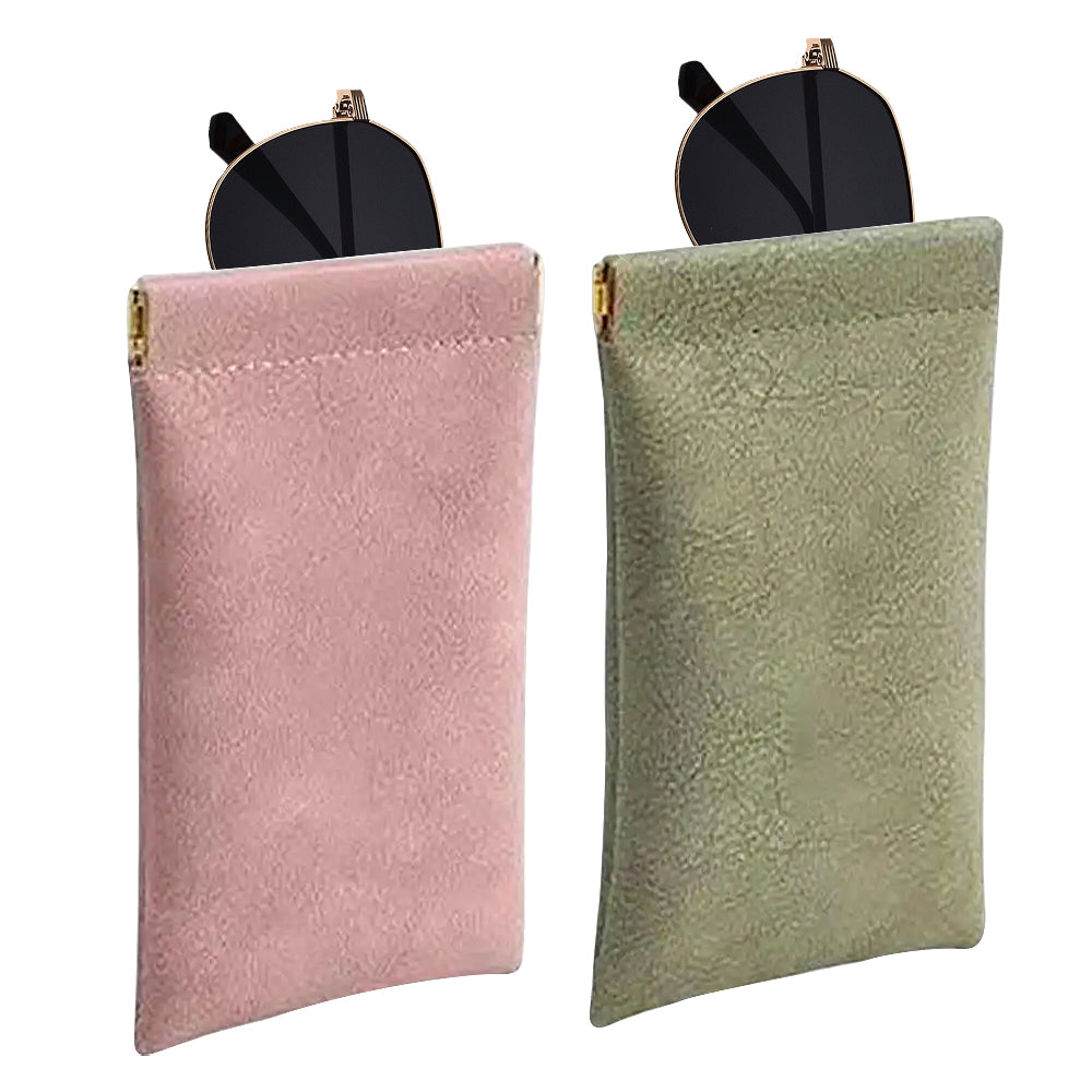 2Pcs Squeeze Portable Leather Glasses Storage Bags-Green and Pink