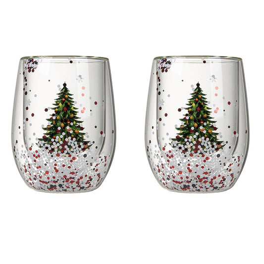 2Pcs Christmas Trees Double Wall Glass Coffee Cups 300ml