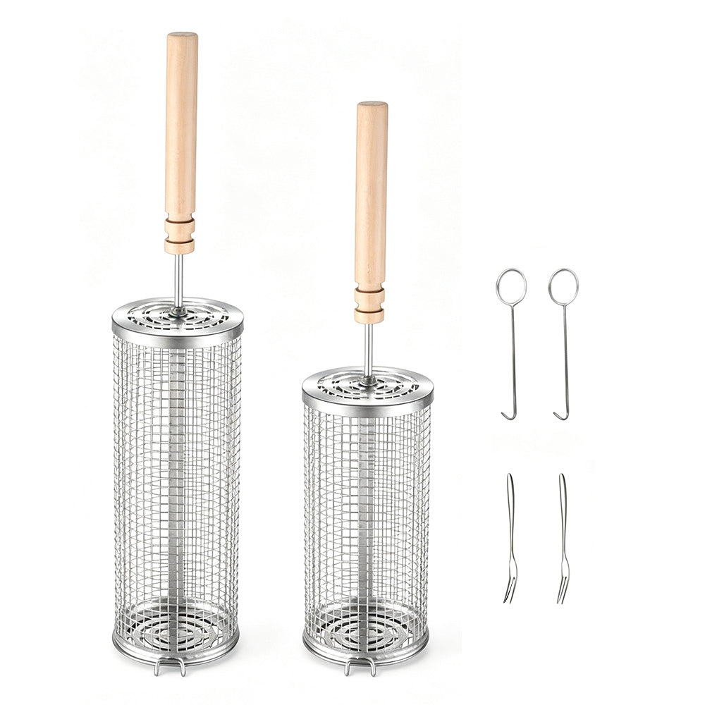 2 Pack Stainless Steel Rolling Grill Baskets with Engineered Wood Handles