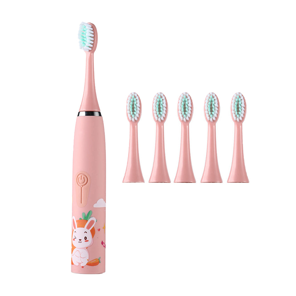 Cute Cartoon Electric Soft Toothbrush with 6 Replacement Electronic Toothbrush Heads