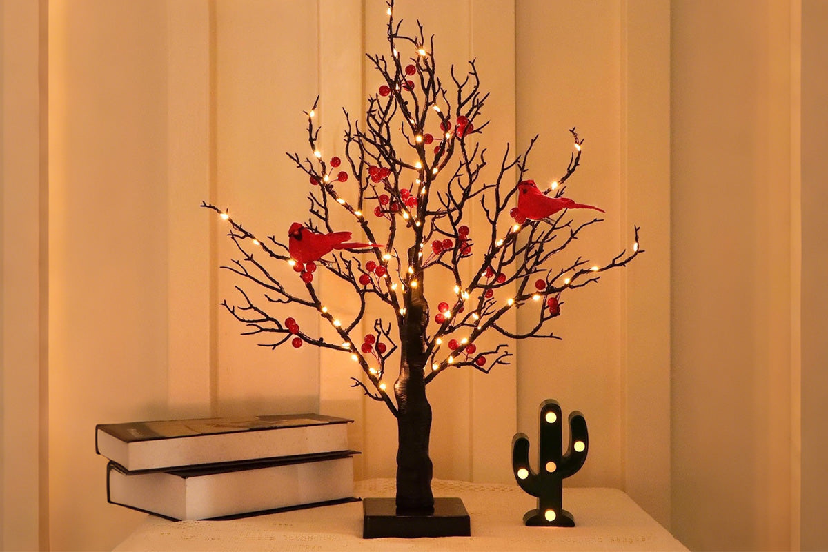LED Vintage Christmas Tree with Red Cardinals and Warm White Glow