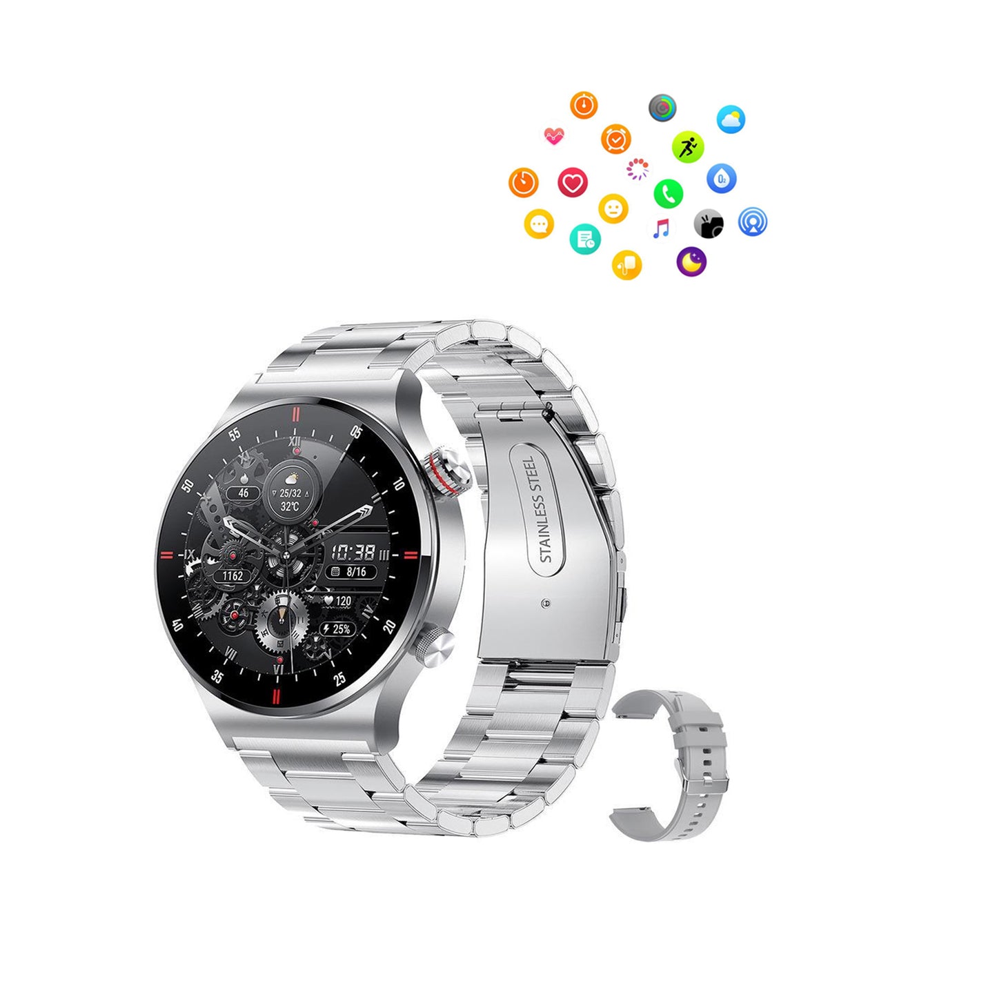 Bluetooth Smart Watch Sports Tracker with Heart Rate Monitor-1 Steel Strap and 1 Silicone Strap