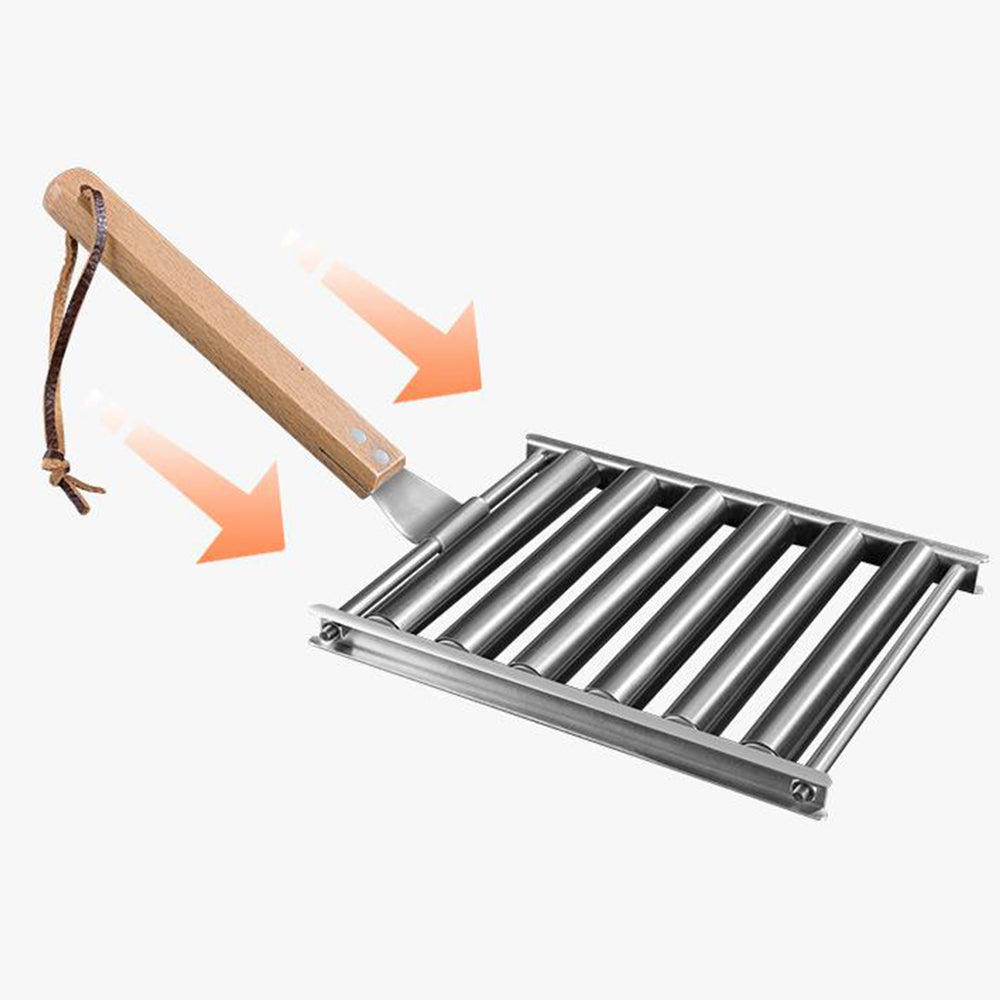 Stainless Steel Hot Dog Grill with Wooden Handle and 4 BBQ Skewers
