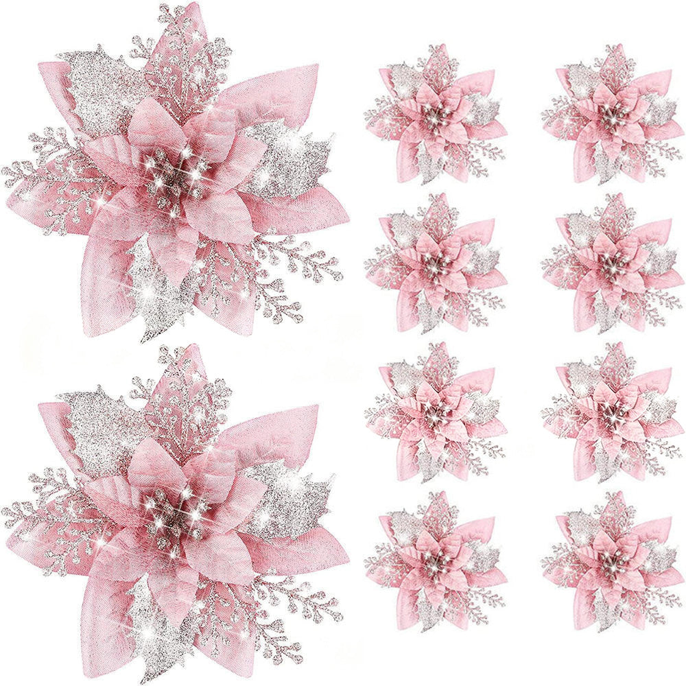 10Pcs Red Gold Poinsettia Artificial Christmas Flowers Xmas Tree Ornaments