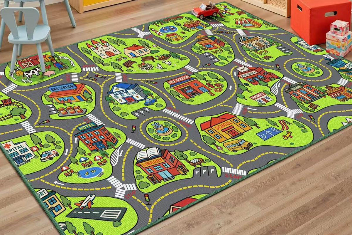 Car Track Play Mat Educational City Road Rug Non Slip Floor Playmat